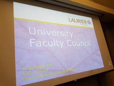 First slide of UFC meeting in November 2016 saying "University Faculty Council, 14 November 2016, 6:30 - 8:00 pm, Senate & Board Chamber & RCW324".